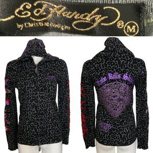 Ed Hardy Cardigan Sweater M Animal Print Hoodie Zip Front Sequin Embroidery Fall